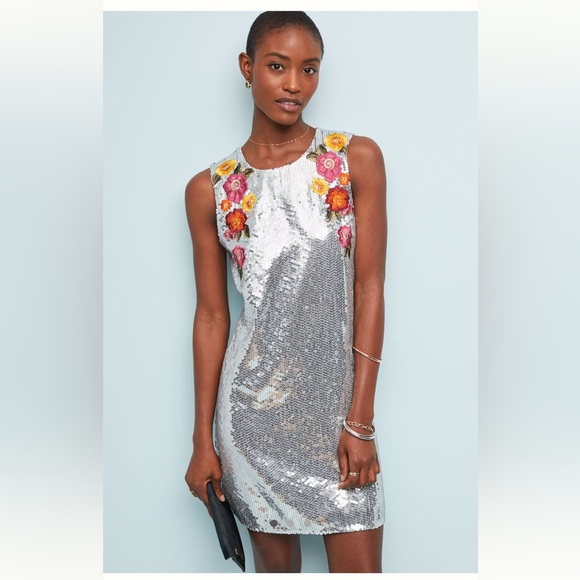 Anthropologie Dresses & Skirts - Anthropologie Varun Bahl Silver Sequin Flower Shift Dress - Size M